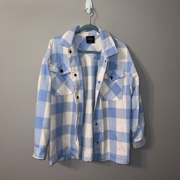 Blue and white plaid oversized shacket jacket HFX Small - Picture 1 of 6